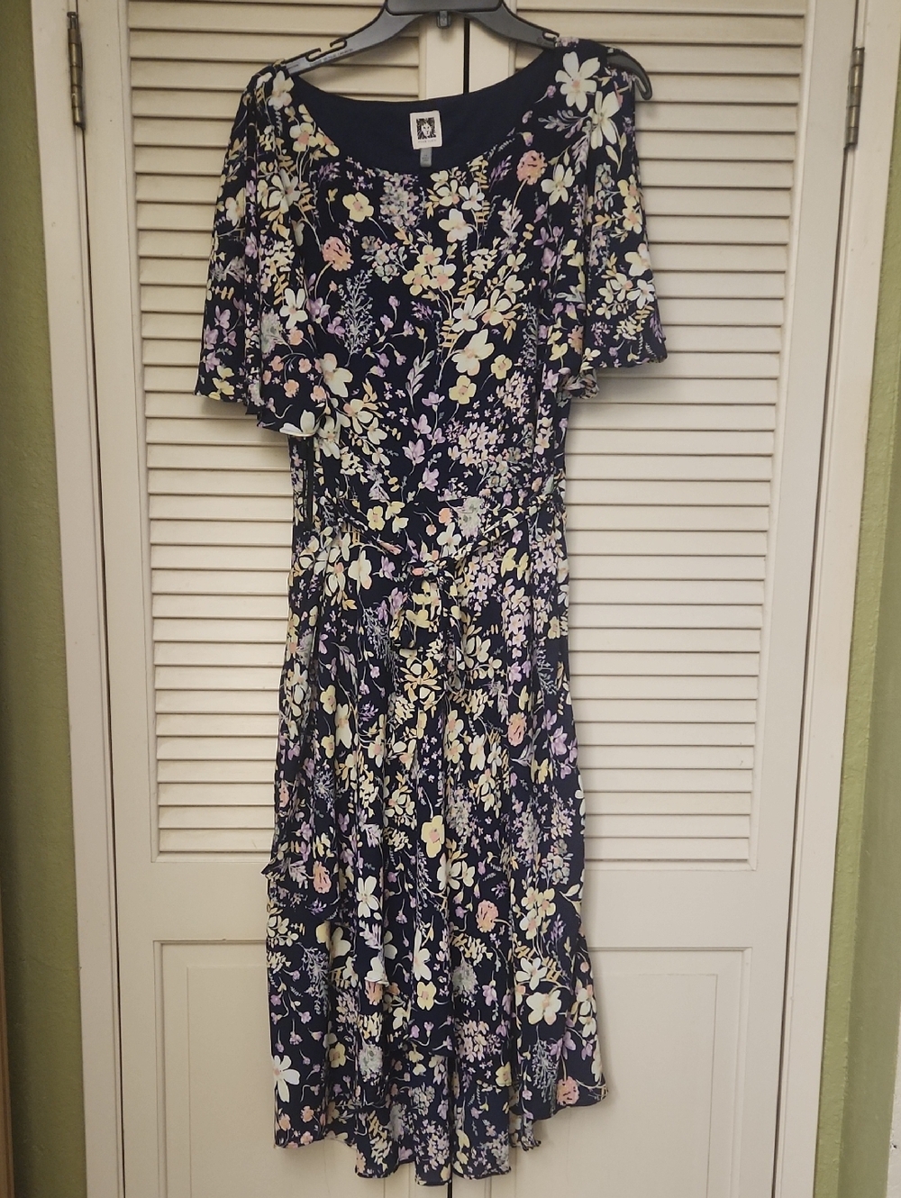Anne Klein Navy Floral Midi Dress with Pastel Blooms Size 14 NWT